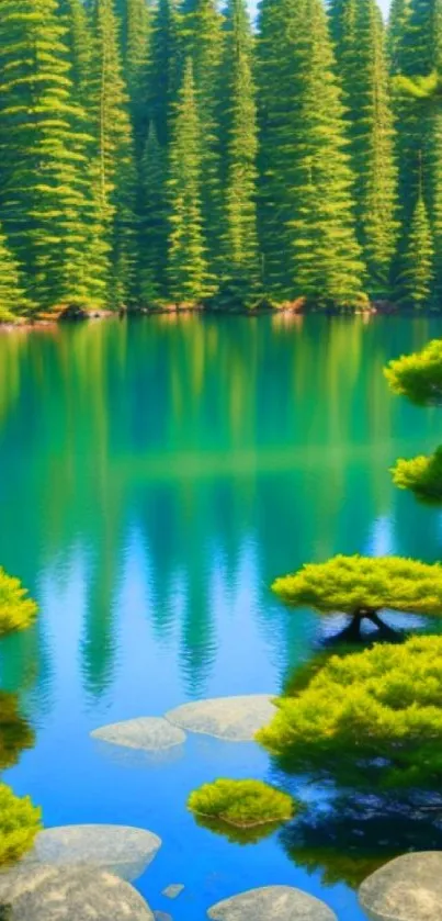 Tranquil forest lake with clear water and lush greenery.