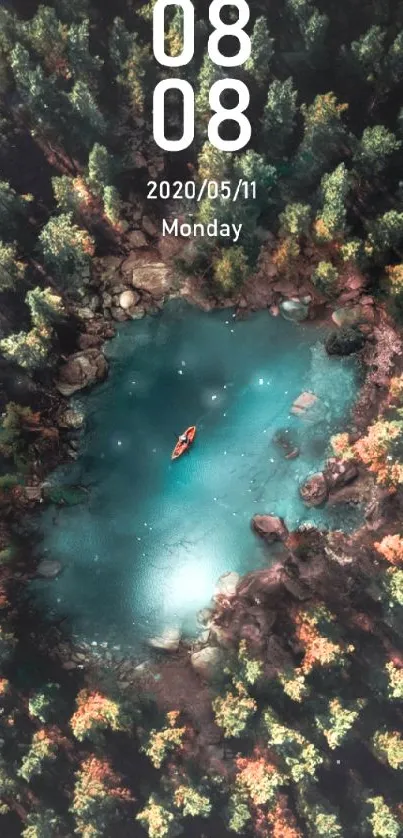 Kayak on a serene turquoise lake surrounded by a lush forest.