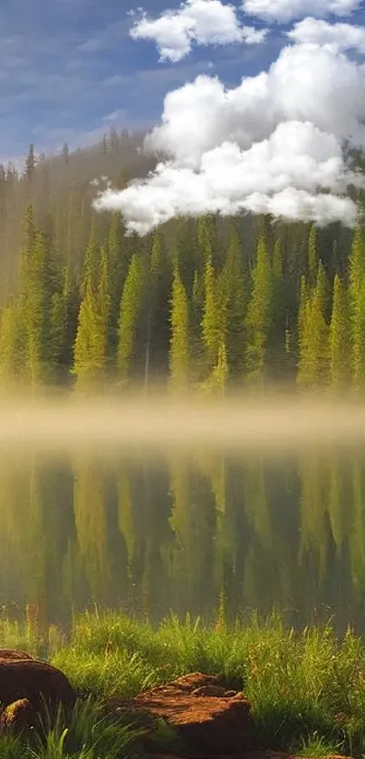 Tranquil forest lake with sunrise reflections.