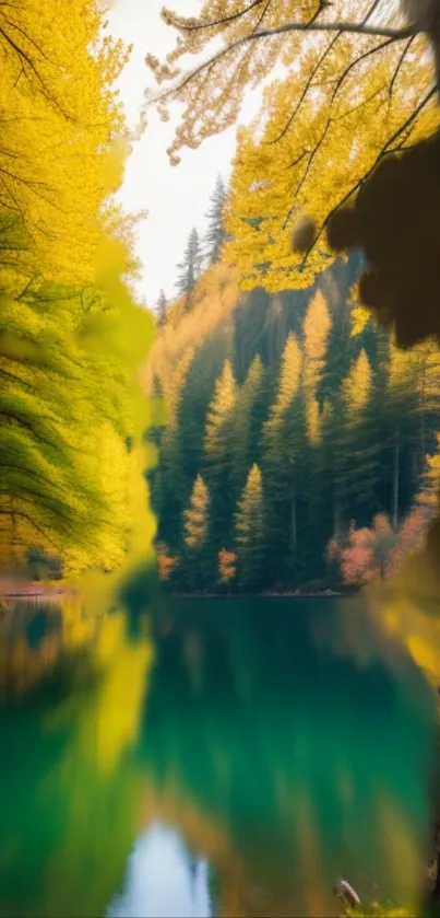 Golden autumn forest reflected in a calm blue lake.