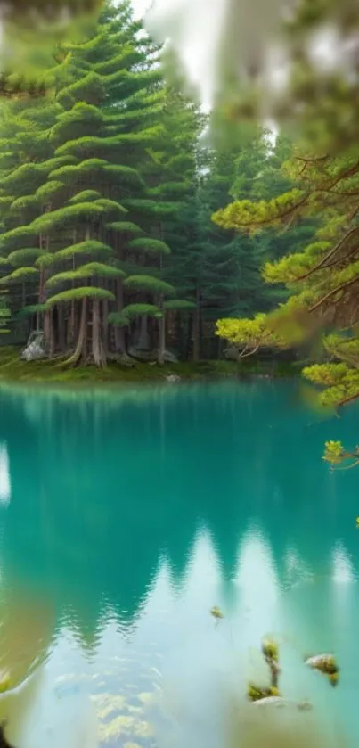 A tranquil turquoise lake with lush green forest background.