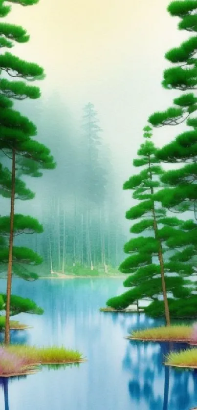 Tranquil lake surrounded by tall green trees, reflecting the serene forest scenery.