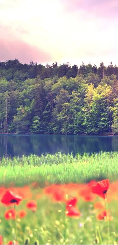 Serene lake with forest and red poppies mobile wallpaper.