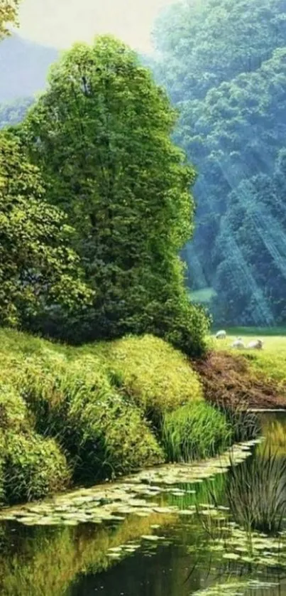 Serene forest lake with lush greenery and calm waters under sunlight.