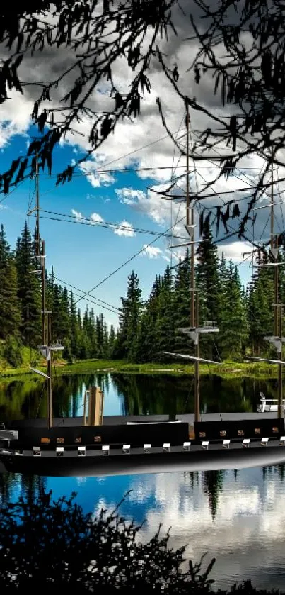 Sailing ship on forest lake with green trees and blue sky.