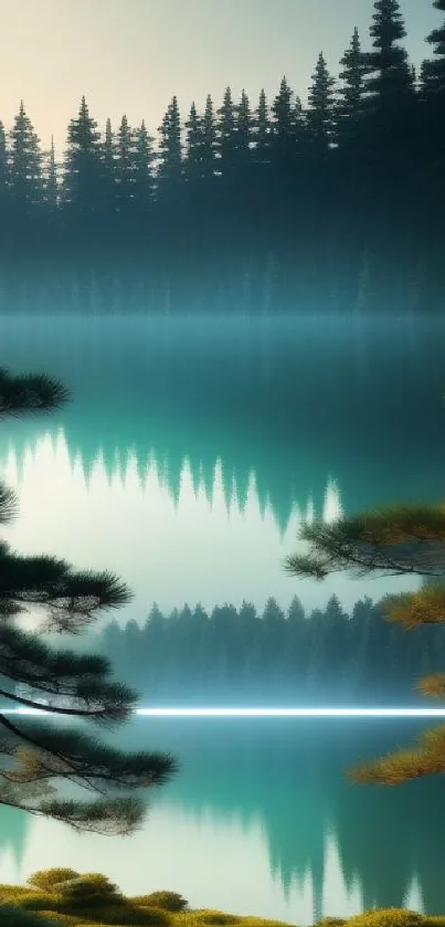 Mist rises over a tranquil green lake with pine trees reflecting in the water.