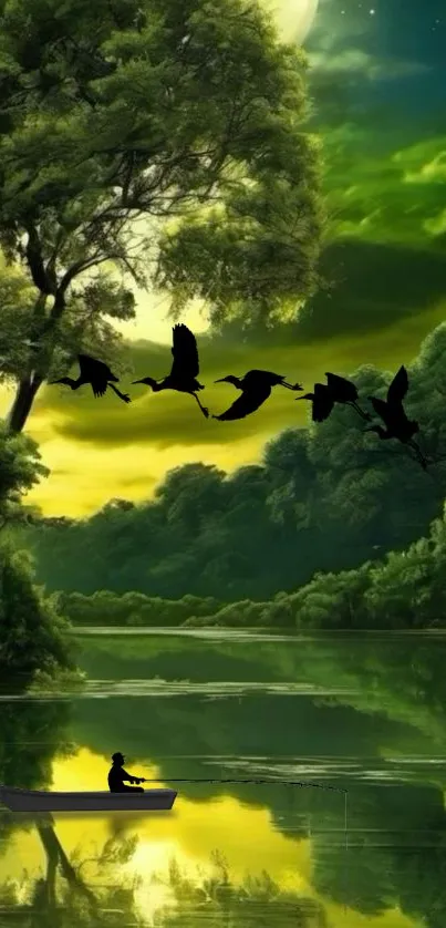 Serene forest lake at night with flying birds and reflection.
