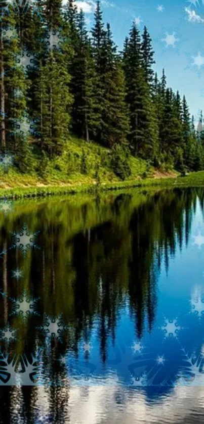 Serene forest lake wallpaper with lush green trees and blue water reflection.