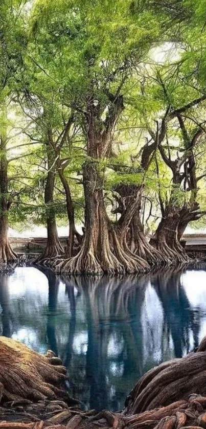 Serene forest lake with lush greenery and majestic trees reflecting in the water.