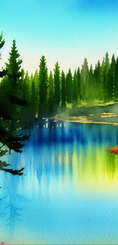 Watercolor-inspired forest and lake wallpaper with vibrant colors.