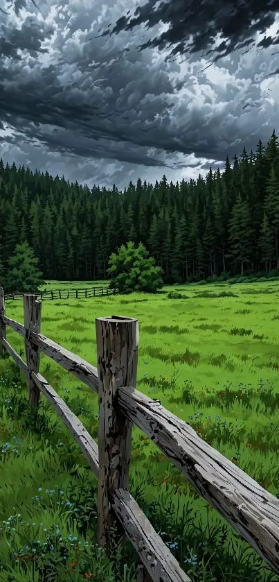 A lush green forest landscape with a wooden fence and dramatic cloudy sky.