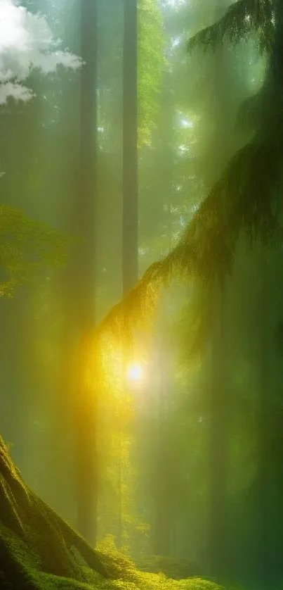 Serene forest with sunlight beam through lush greenery.