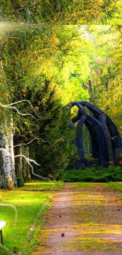 Forest path with lightning strike and lush greenery.