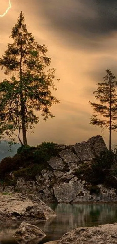 Serene forest with lightning illuminating trees and rocks at dusk.