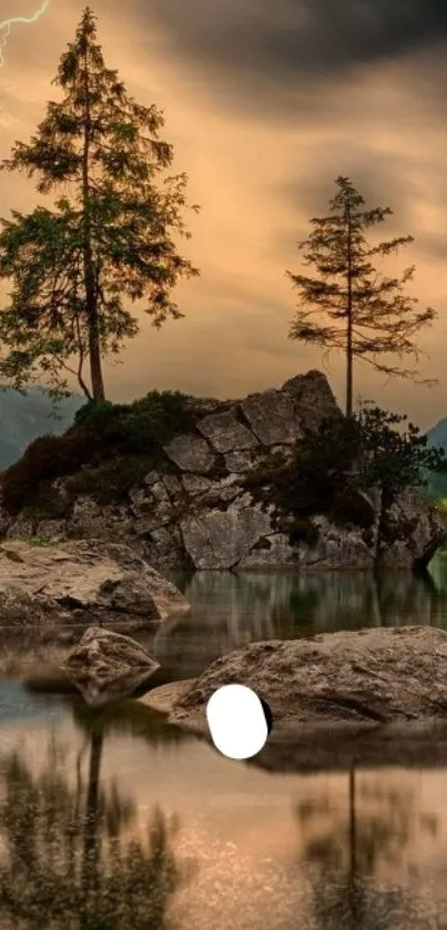 Serene forest island with lightning and reflection under a moody sky.