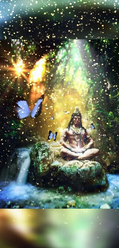 Meditative figure in a dreamy forest with butterflies and waterfalls.