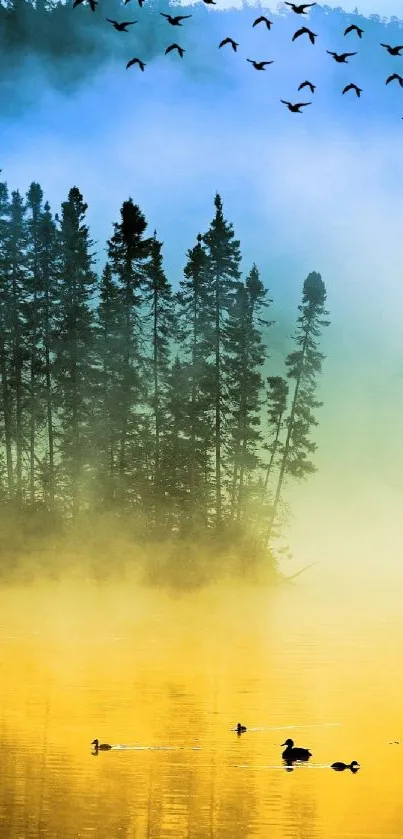 A serene forest with mist over a reflective yellow lake under a flock of flying birds.