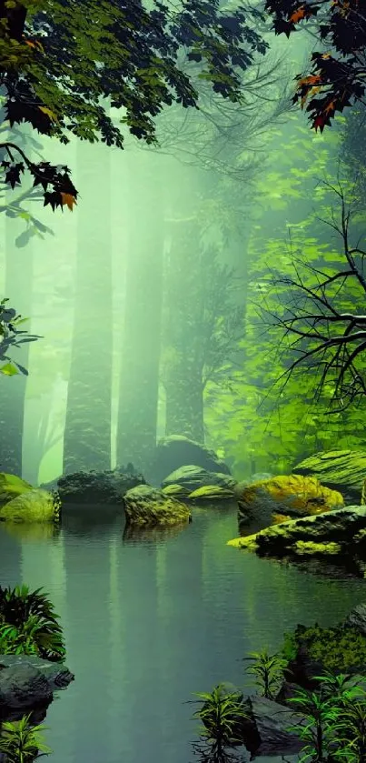 Serene forest scene with lush greenery and reflective waters.