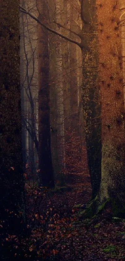 Misty forest with tall trees and golden light creating a serene atmosphere.