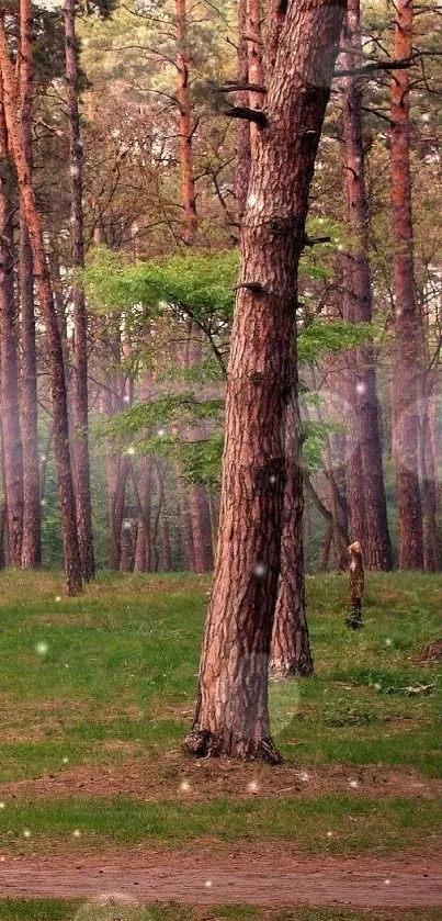 Serene forest scene with tall trees and lush greenery.