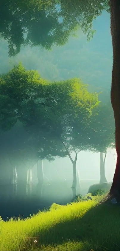 Serene forest with sunlight streaming through lush green trees.