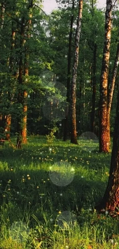 A tranquil forest with lush green trees and a sunlit path.