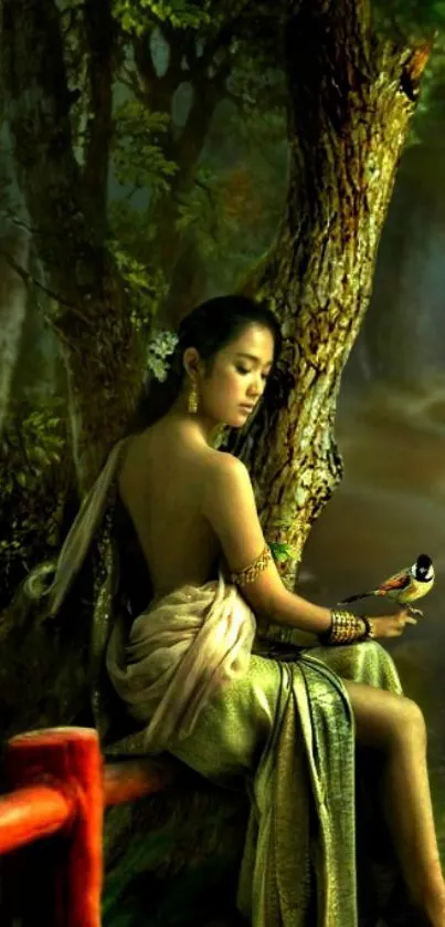 Woman seated in a mystical forest scene with a bird.