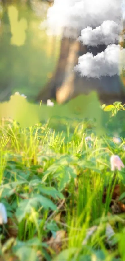 Serene forest landscape with green plants and sunlight filtering through trees.