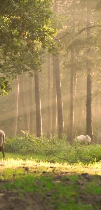 Sheep grazing in a sunlit forest pasture, under a canopy of trees.