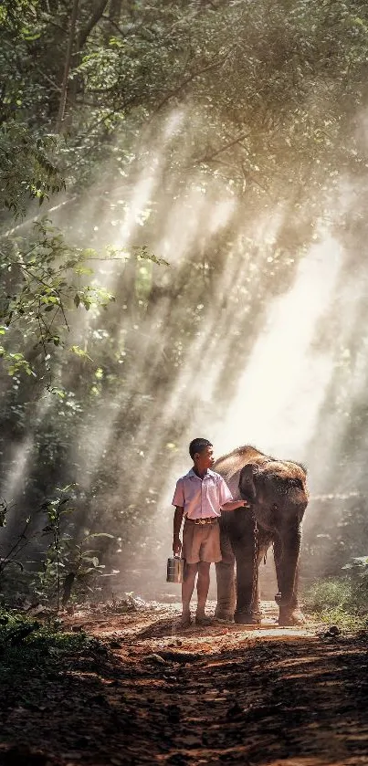 Sunlit forest path with boy and elephant.