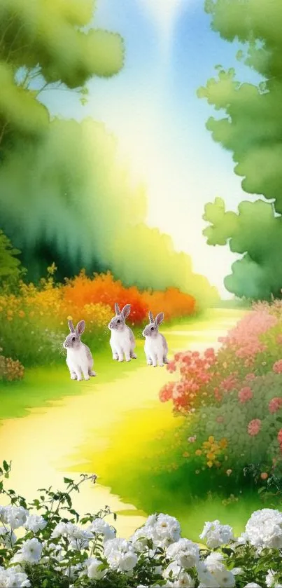 Serene forest path with rabbits and colorful flowers on mobile wallpaper.