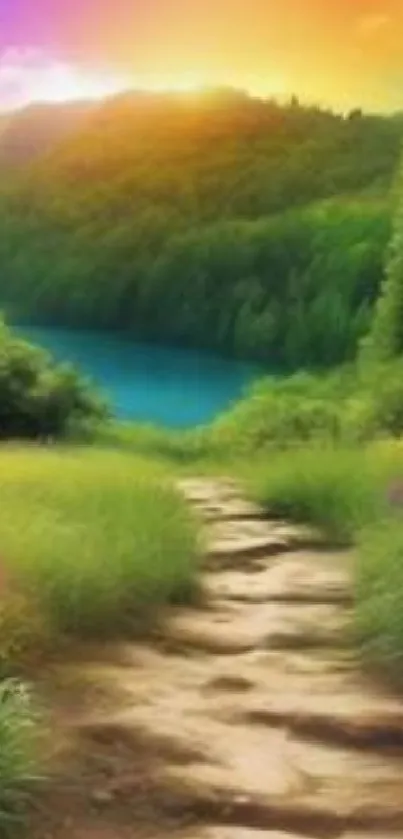 Serene forest path with sunset over lush green landscape.