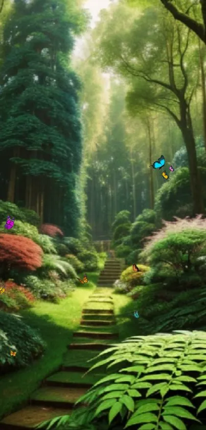 Serene forest path with butterflies and lush greenery, perfect for nature lovers.