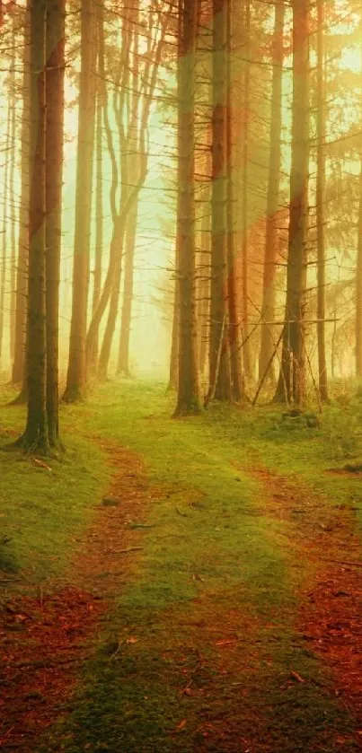 A sunlit forest path surrounded by lush green trees, perfect for mobile wallpaper.