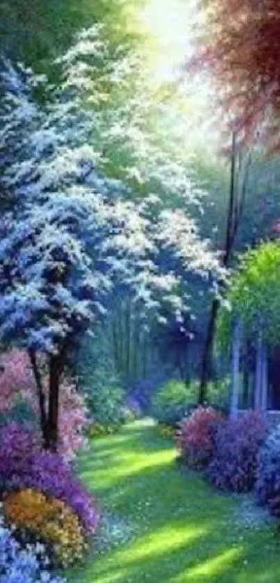 Serene forest path with colorful flowers and sunlight streaming through the trees.