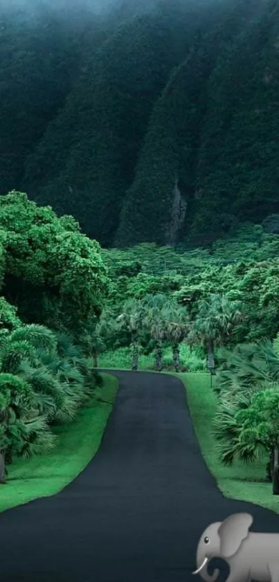 Wallpaper of a forest path with an elephant and lush greenery.