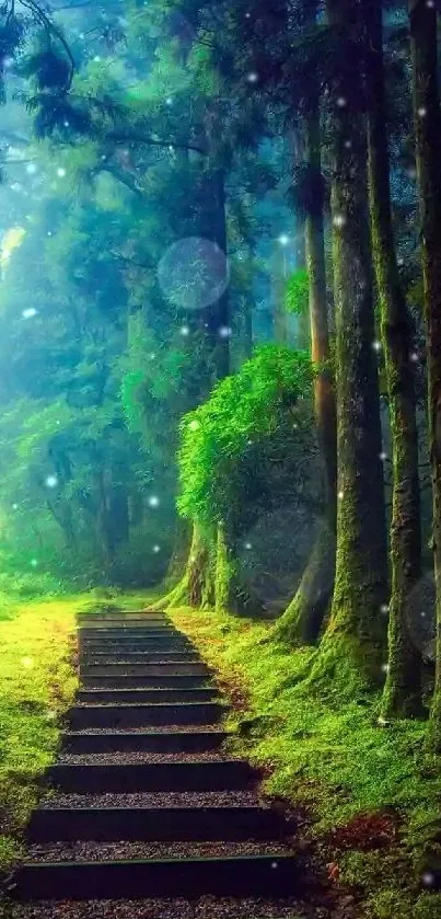 Tranquil forest path with lush green trees and soft sunlight filtering through.