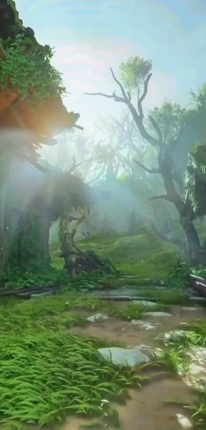 Serene forest path with morning light and lush greenery.