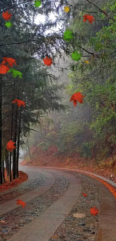 Serene misty forest path with lush greenery and a winding road.