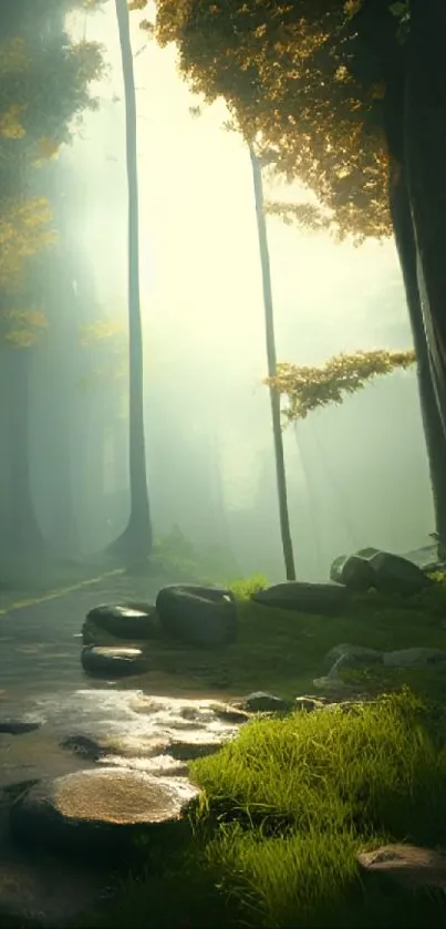 Serene forest path with sunlight filtering through trees.