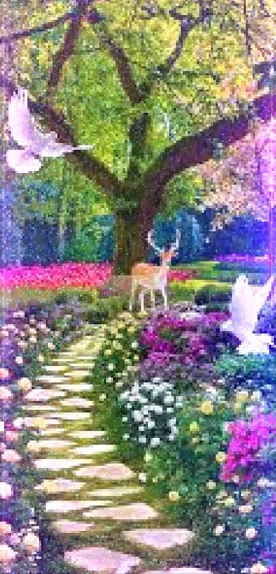 Serene forest path with vibrant flowers and peaceful wildlife on a mobile wallpaper.