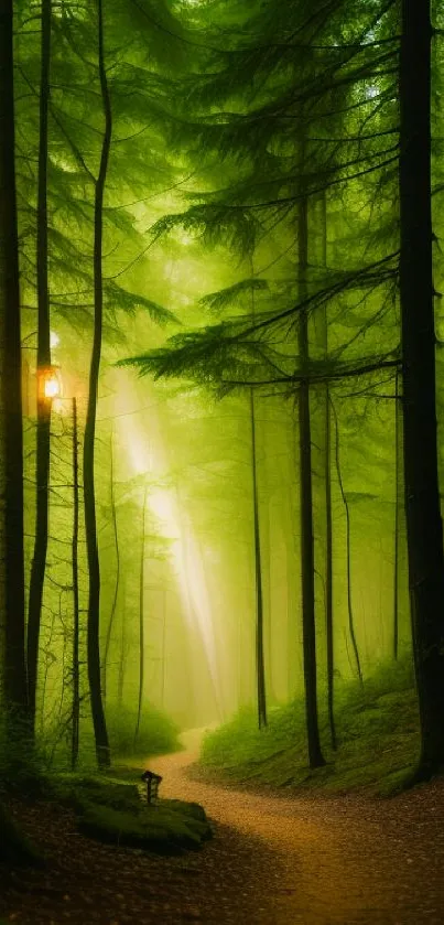 Serene forest path with sunlight filtering through lush greenery.