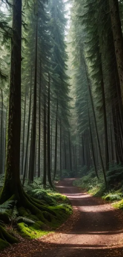 Serene forest path with tall trees and sunlight filtering through leaves.