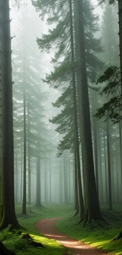 Peaceful forest path with tall trees and green foliage in a misty setting.