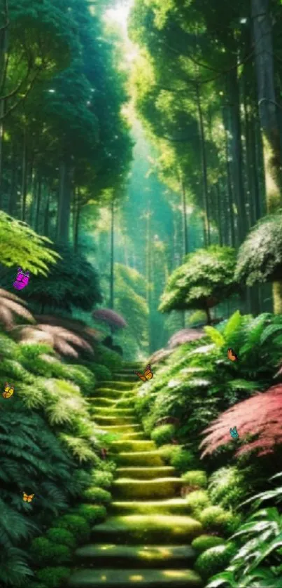 Serene forest path with lush greenery and colorful butterflies.