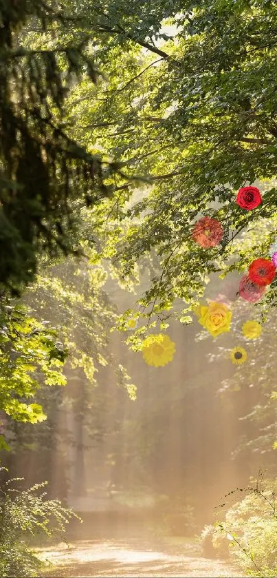 Sunlit forest path with colorful flowers.