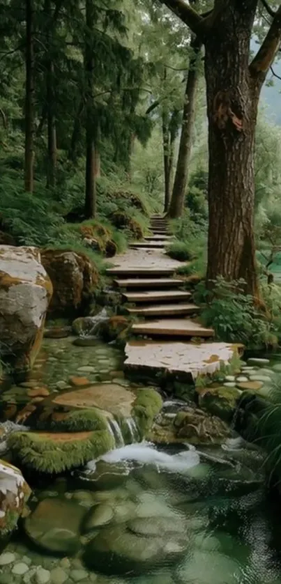 Serene forest pathway with lush greenery near a stream.