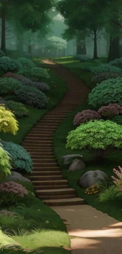 Serene forest pathway with lush greenery.