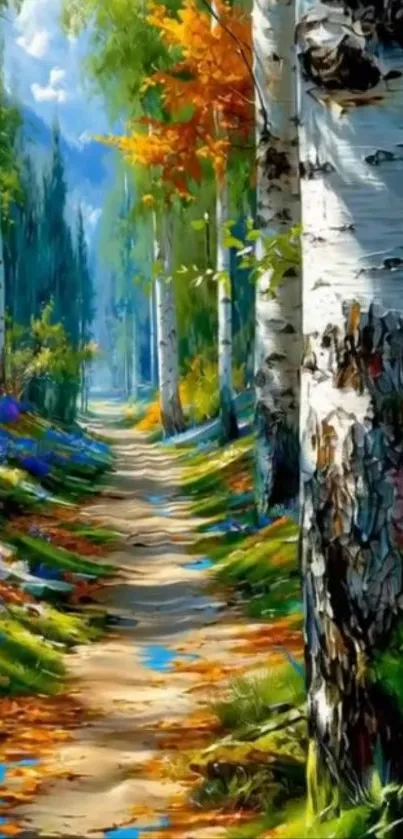 Serene forest pathway with birch trees and colorful foliage.