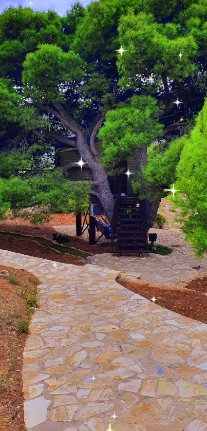 Lush green forest path leading to a cozy treehouse.